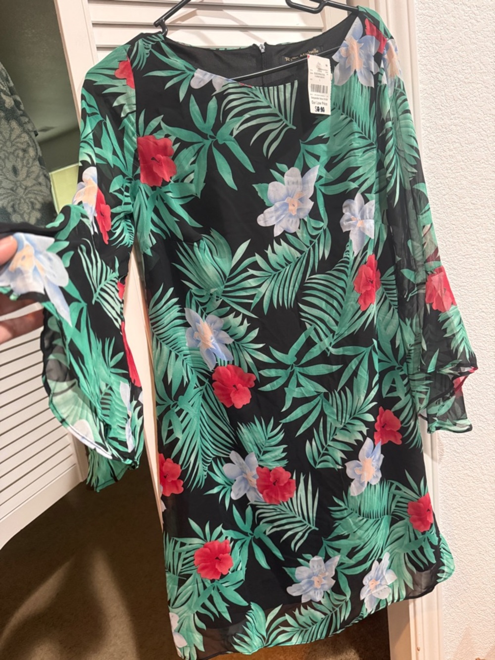 Tropical Floral Chiffon Shift Dress - Black/Green